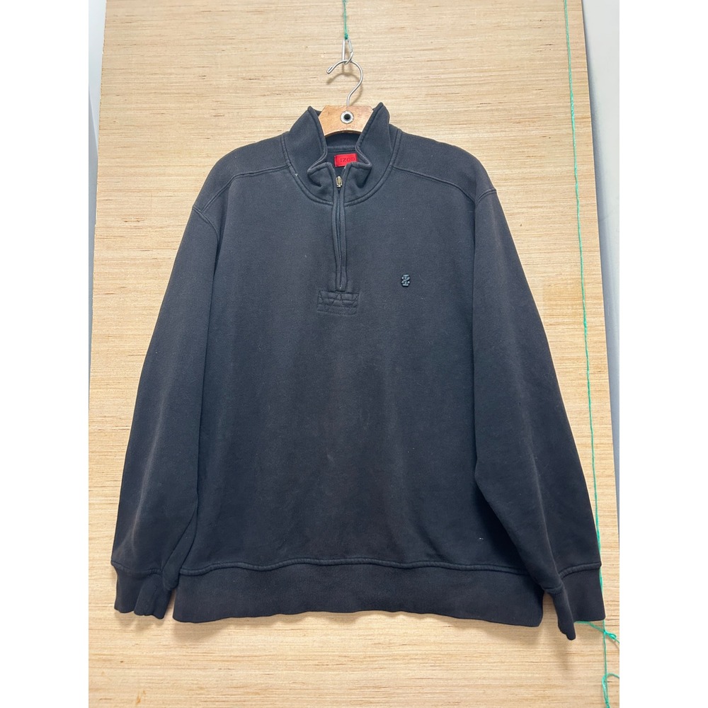 IZOD Mens Quarter Zip Pullover Sweatshirt Black Mock Neck Large Logo 3021‎